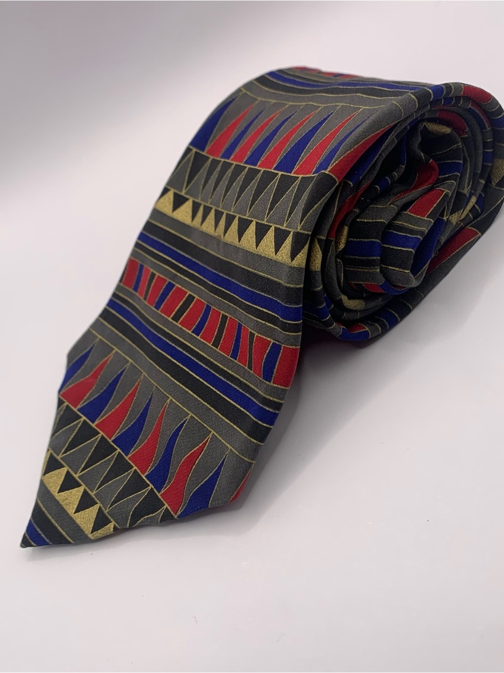 Santavilli Men's Patterned Silk Tie in Black with Red, Blue & Gold Accents 0102